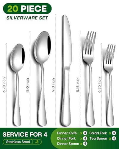 PHILIPALA 20 Piece Silverware Set, Stainless Steel Flatware Set for 4 Food Grade Novelty Flatware Cutlery Utensil Set Include Knife Fork Spoon Mirror Polished Dishwasher Safe