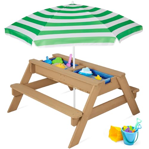 Best Choice Products Kids 3-in-1 Sand & Water Table, Wood Outdoor Convertible Picnic Table w/Umbrella, 2 Trays, Removable Top - Green - color: Green