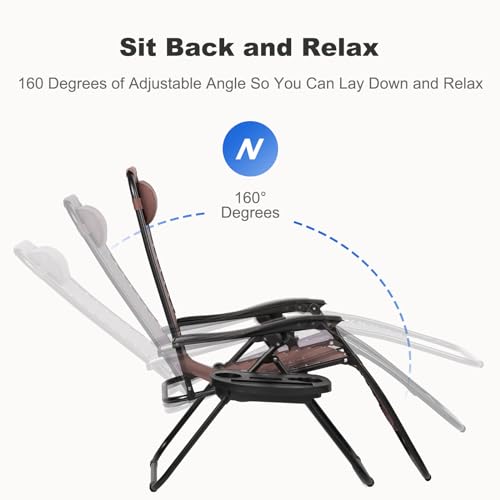 Nazhura Set of 2 Relaxing Recliners Patio Chairs Adjustable Steel Mesh Zero Gravity Lounge Chair Beach Chairs with Pillow and Cup Holder Khaki (Brown) - color: Brown
