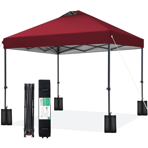 JEAREY 10x10 Pop Up Canopy Tent, Heavy Duty Outdoor Canopy with 1-Push Instant Setup, Commercial Tent with Roller Bag, 4 Sandbags and 8 Stakes, Water-Resistant, Red - color: Red