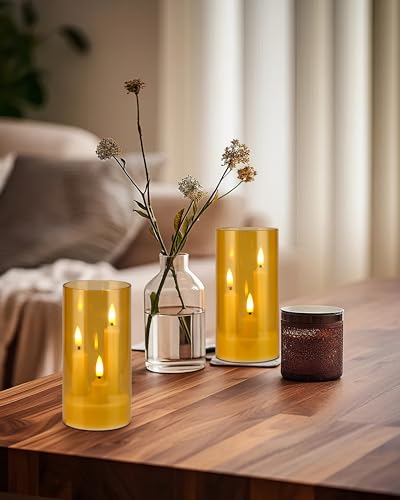 Enido Gold 2 Pc 3-in-1 Taper Flameless LED Candles with Remote, Battery Operated Acrylic Pillar Set, 3" x 6" Flickering Electric Lights for Cozy Home & Holiday Romantic Decor - color: Amber