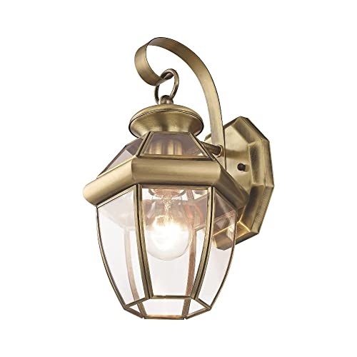 Livex Lighting 2051-01 Monterey 1 Light Outdoor Antique Brass Finish Solid Brass Wall Lantern with Clear Beveled Glass - color: Antique Brass