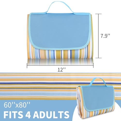 Hi Space Picnic Outdoor Blankets Waterproof Foldable Extra Large Picnic Mat Sandproof Beach Blankets for Grass Lawn Park Camping Family Concert, Blue Striped, 80"x60" - color: Blue-striped