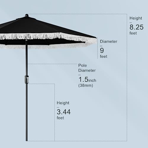 Tempera 9ft Auto Tilt Patio Umbrellas with Fringe, Outdoor Market Umbrellas with Fade Resistant Canopy, 8 Sturdy Rids, Luxurious Vintage Umbrellas for Lawn, Pool, Deck, Balcony - color: Black Tassels, size: 9 FT