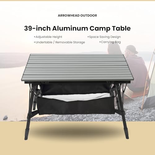 ARROWHEAD OUTDOOR 2-Pack 39" Aluminum Folding Camp Roll Up Table w/Adjustable Height, Undertable Mesh Storage, Carry Bag - color: Gray 2pack
