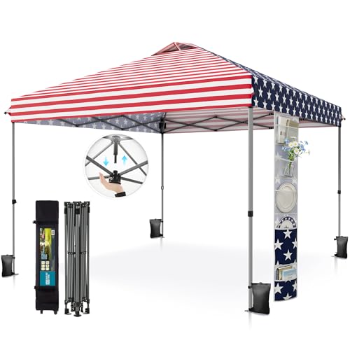 PHI VILLA 10x10 Pop Up Canopy Tent - One Push Setup, Instant Shade Tent with Vented Roof for Beach & Events - Includes Storage Bag, Sandbags, Stakes & Ropes (American Flag) - color: American flag, size: 10×10 one push