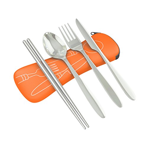 Reusable Travel Utensils with Case | Fork and Spoon Set with Knife, Chopsticks and Optional Reusable Straw– Office, Travel, or Camping Accessories| Lightweight Sturdy Reusable Utensils - color: 4pc Set - Orange