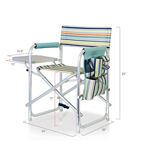 PICNIC TIME Sports Chair with Side Table and Armrest Caddy, Lightweight Aluminum Folding Outdoor Camping Chair for Adults, Portable Director Style Lawn Seating with Pockets & Carry Strap, (St. Tropez) - color: St. Tropez Collection - Sky Blue With Multi S