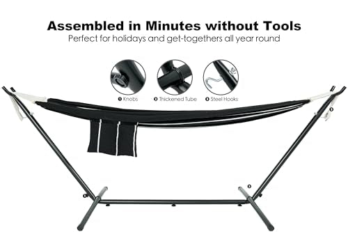 GAFETE Double Hammock with Stand for Outside, Upgraded Spreader Bar, Heavy Duty Space Saving Steel Stand 2 Person, Side Pockets, Easy Assembly, 600lbs Weight Capacity, Indoor & Outdoor (Darkness) - color: Darkness