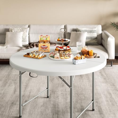 Magshion 48" Round Folding Table, 4 Feet Bi-Folding Plastic Commercial Dining Card Table w/Carrying Handle for Outdoor Wedding Party Event Picnic, White - color: White, size: 4Ft