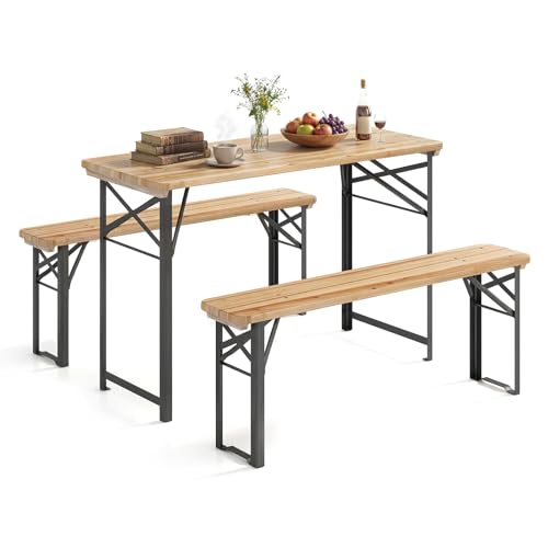 Giantex 3-Piece Folding Picnic Table with Benches Set, Solid Wood Camping Beer Table Bench Set with Metal Frame, Portable Patio Dining Furniture, Indoor & Outdoor Folding Table and Chairs for 4 (47'') - size: 47''