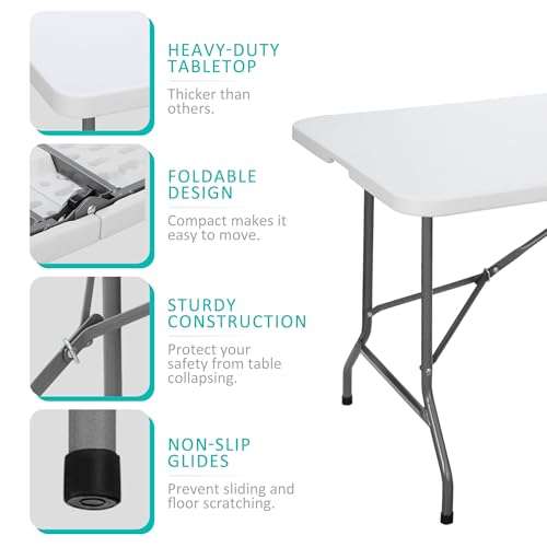 SUPER DEAL 6FT Folding Table for Indoor Outdoor, Portable Heavy Duty Fold-in-Half Plastic Dining Picnic Party Camping Table with Carrying Handle - color: White, size: 71"x27", style: Rectangular