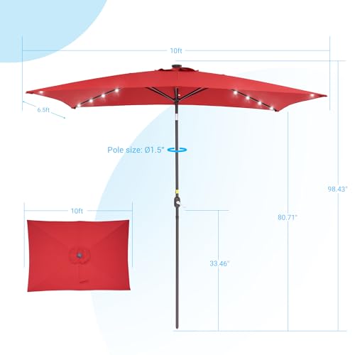 Rectangle Patio Umbrella with Solar Lights, 10 x 6.5ft Rectangular Outdoor Umbrella Table Market Patio Umbrella with Push Button Tilt and Crank for Garden, Deck, Backyard, Pool - color: Chill Red
