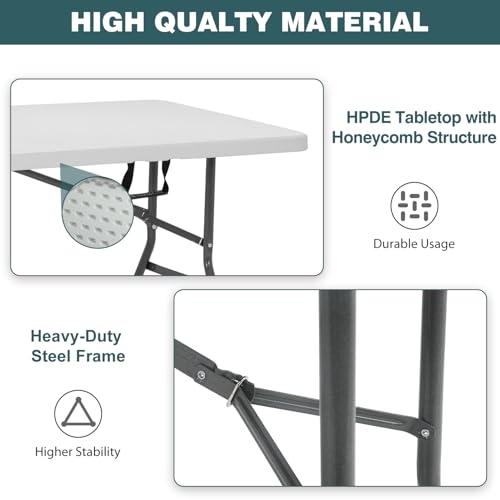 FDW 8 Foot Outdoor Dining Table, Foldable Portable Rectangular Plastic Folding Table with Built in Carrying Handle for Party and Wedding Use, White - color: White, size: 8 FT