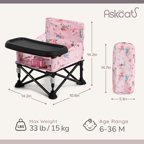 Booster Seat for Kitchen Chair with Removable Tray, Portable Foldable Baby Chair for Babies 6-36 Months, Indoor Outdoor Toddler Camping Chair (Pink Floral Design) - color: Pink Floral Booster Seat