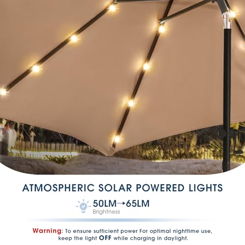 wikiwiki 10FT Solar Led Patio Umbrella with Base Included, 32 LED Lights, 8 Sturdy Ribs, Fade Resistant Waterproof POLYESTER DTY Canopy for Garden, Lawn, Deck, Backyard & Pool, Tan - color: Tan, size: 10FT