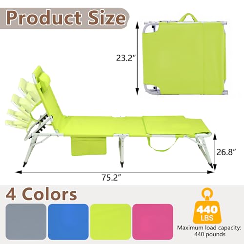 3-in-1 Heavy Duty Tanning Chair with Face Hole Adjustable 5-Position Folding Chaise Lounge Chairs Portable Lay Flat Beach Lounge Chair for Outdoor Sunbathing Patio Pool Lawn Camping Deck (Green) - color: Yellow