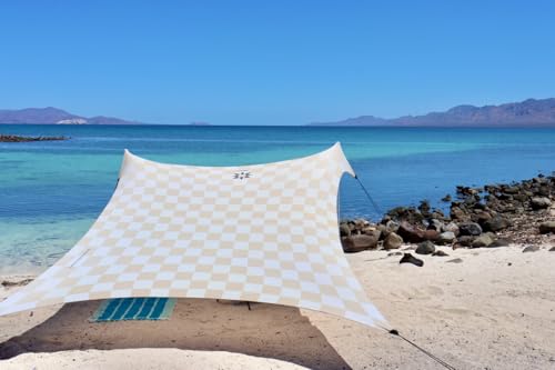 Neso Portable Beach Tent Sun Shelter - Lightweight Beach Shade Canopy - Easy Setup for Family Outings - Patented Reinforced Corners - UPF 50+ Sun Protection - color: Tan Checkers