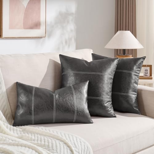 Fancy Homi 2 Packs Dark Gray Lumbar Faux Leather Decorative Throw Pillow Covers 12x20 Inch for Outdoor Couch Bed, Modern Farmhouse Boho Home Decor, Charcoal Grey Hand Stitched Cushion Case 30x50 CM - color: Dark Gray, size: 20" x 12" (Pack of 2)