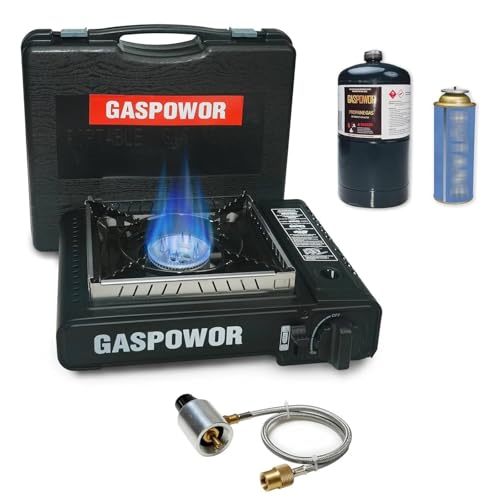 10,000 BTU Propane or Butane Stove with Windblocker, Dual Fuel Propane Stove for Camping, Automatic Ignition Gas Portable Stove with Propane Adapter Hose Carrying Case (Fuel Not Included) - color: Black
