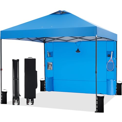 Tunbne 10'x10' Pop Up Canopy Tent with 1 Sidewall and 6 Pockets, One Push Setup, Instant Shade Tent with Vented Roof for Beach Patio Outdoor, Case, 8 Stakes, 4 Ropes, 4 Sandbags (Blue, 10x10) - color: Blue, size: 10x10