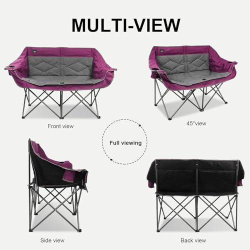 Northroad Folding Loveseat Camping Chair Portable Double Duo Full Padded Garden Chair for 2 Person Sofa w/ 2 Cup Holder,Wine Glass Holder,Mesh Storage,Support 500lbs for Picnic Beach Travel (Purple) - color: Purple&grey