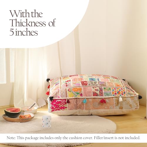 THE ART BOX Cotton Patchwork Vintage Boho Embroidered Floor Pillows & Cushion Cover Dog Pouf Seating Pouf Meditation Pillow Pet Bedding Cat Bed Boho Home Décor (35x35 Inches, Cover Only) - color: White