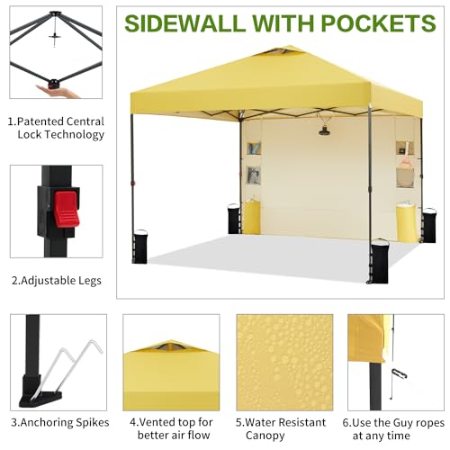 Tunbne 10'x10' Pop Up Canopy Tent with 1 Sidewall and 6 Pockets, One Push Setup, Instant Shade Tent with Vented Roof for Beach Patio Outdoor, Case, 8 Stakes, 4 Ropes, 4 Sandbags (Yellow, 10x10) - color: Yellow, size: 10x10