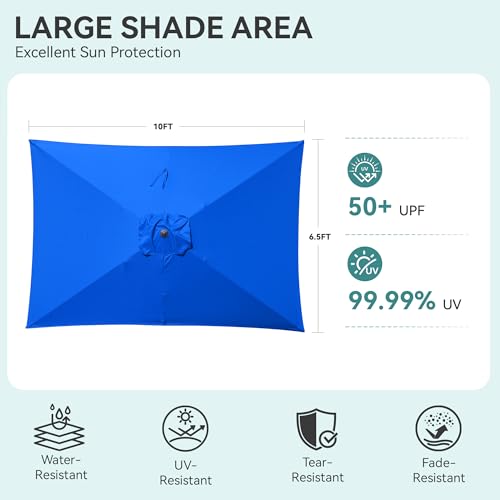 HASLE OUTFITTERS Rectangular Patio Umbrella, 6.5 x 10 ft Rectangle Table Umbrellas w/Heavy Duty Ribs, Effortless Crank and Push Button Tilt, Wind Resistant Sun Umbrella for Outdoor Patio, Blue - color: Blue