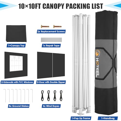 HOTEEL Canopy Tent 10x10 Heavy Duty Pop Up Canopy with Sidewalls, Commercial Instant Waterproof Tent for Vender Patio, UV 50+ with Silver Coated, Upgraded Thickened Hexagonal Legs, Black - color: Black, size: 10x10FT (+4 Walls)