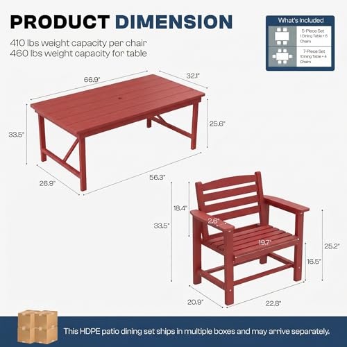 Outdoor HDPE Dining Set 5 Pieces, Patio Table with Umbrella Hole and 4 Chairs, All Weather Patio Furniture for Lawn, Garden, Backyard, Deck, Poolside, Outdoor Dining Table and Chairs, Red - color: Red, size: 5-Piece (1 Table + 4 Chairs)
