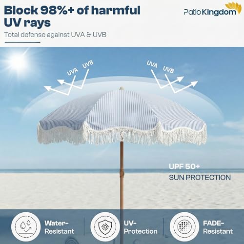7ft Patio Umbrella with Fringe, Boho Beach Umbrellas, Outdoor Tassels Umbrellas with Push Button Tilt & Carrying Bag, 8 Windproof Fiberglass Ribs, UPF50+ - color: Blue & White Stripe