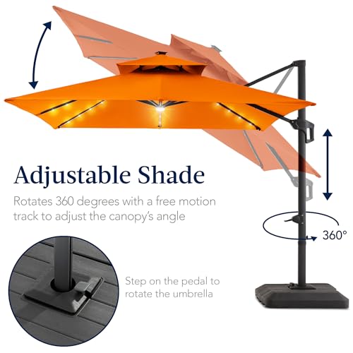 Best Choice Products 9x12ft LED Cantilever Patio Umbrella w/Base Included & 360° Rotation, Large Solar Offset Hanging Outdoor Sun Shade for Deck, Backyard Table w/Stand & Lights – Orange - color: Orange, size: 9x12ft