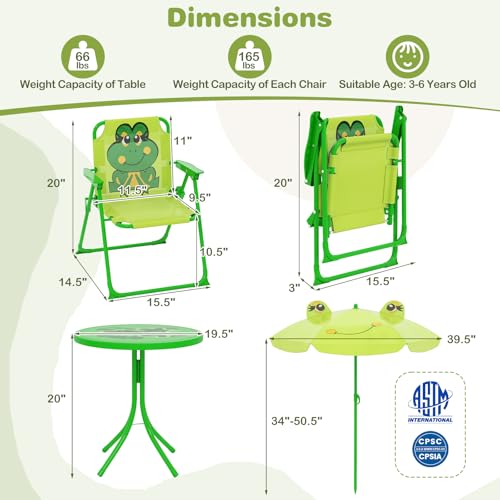 Costzon Kids Picnic Table, Kids Outdoor Table with 2 Folding Chairs, Height Adjustable Umbrella, Portable Children Outdoor Furniture for Patio, Garden, Backyard (Light Green) - color: Light Green Frog