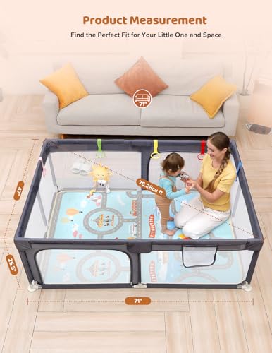 Dripex Baby Playpen with Mat, 71"x47" Play Pen for Toddlers 1-3 Years, Soft Breathable Visible Mesh, Indoor/Outdoor Portable Play Yard with Mat, Safe Baby Fence Play Area, Dark Grey - color: Dark Grey, size: 71"×47" with Mat