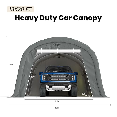 COSIEST 13'×20' Storage Shelter Outdoor Round Carport, Heavy-Duty Garage Canopy with Dual Roll-Up Doors Weatherproof PE Cover, Multi-Purpose Vehicle/Tractor Shed for Backyard/Driveway/Farm(Gray) - color: Gray, size: 13x20 FT