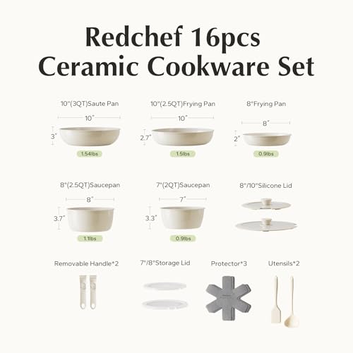Redchef Ceramic Pots and Pans Set, Nonstick Kitchen Cookware Set with Detachable Handle, Non Toxic Cookware Set 16pcs, PFAS PFOA & PTFE Free, RV Ceramic Cookware for Camping, Dishwasher/Oven Safe - size: 16 Pcs Beige