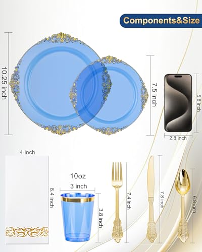 Nervure 350PCS Blue Plastic Plates - Blue Plastic Dinnerware Sets for 50 Guests - 100 Disposable Plates, 150 Gold Silverware, 50 Cups, 50 Napkins for Wedding & Party - color: Transparent Blue