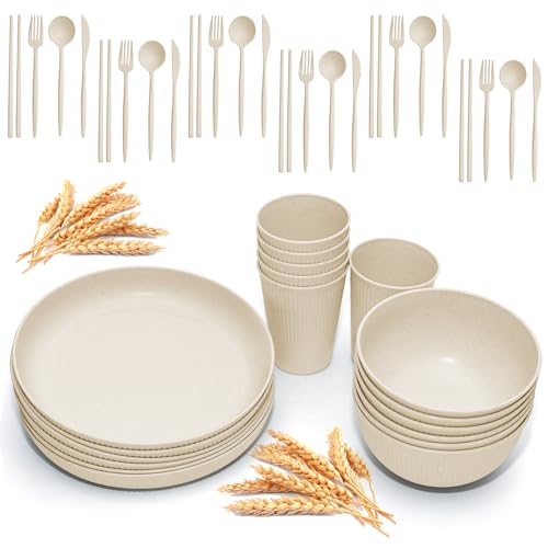 Wheat Straw Dinnerware Sets -DAPIPIK 42 Piece Unbreakable Dinnerware Sets for 6, Kitchen Plates and Bowls Set, Lightweight Camping Plates Cups and Bowls Set.Dishwasher Microwave Safe Dinnerware - color: Beige