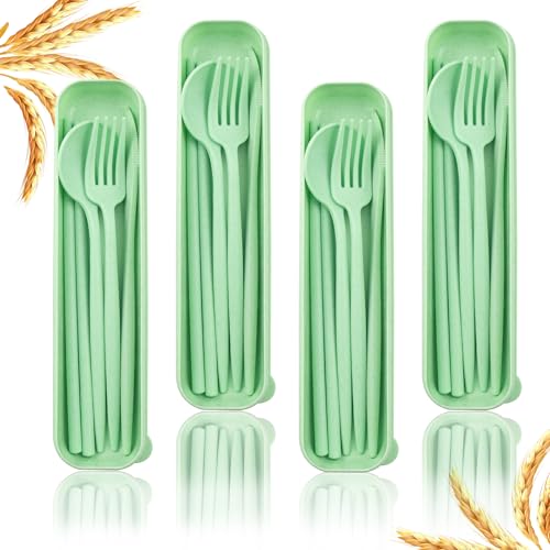 4 Sets Reusable Utensils Set with Case,Camping Cutlery Set Travel Silverware Set with Case Lunch Utensils Set for Work,Utensil Sets for Lunch Picnic Daily Use Outdoor (Lightgreen) - color: Lightgreen