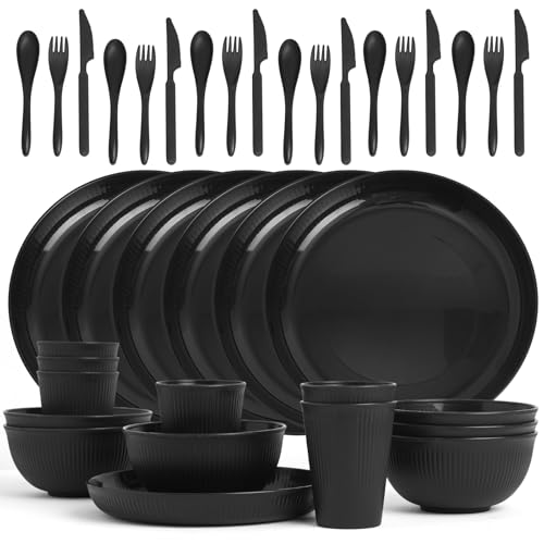 36 Pcs Wheat Straw Dinnerware Set,Dinnerware Sets for 6,Large Round Plates, Bowls and Cups, Unbreakable dish set, Dishwasher and Microwave Safe, Outdoor Camping Dishes (Black) - color: Black