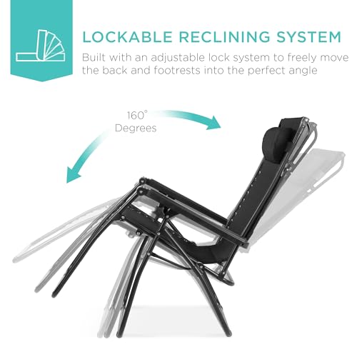 Best Choice Products Folding Zero Gravity Outdoor Recliner Patio Lounge Chair w/Adjustable Canopy Shade, Headrest, Side Accessory Tray, Textilene Mesh - Black - color: Black, size: Standard
