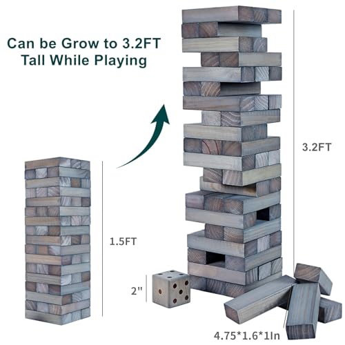 ApudArmis 54 PCS Tumble Timber Set Up to 3.2FT, Pine Wooden Tumble Tower Game with Dice and Scoreboard Set - Classic Block Stacking Board Game for Adults Teenagers (Gray) - color: Gray, size: M-Stack to 3.2 FT
