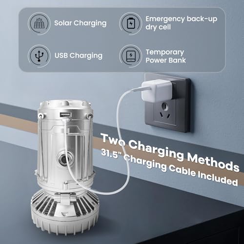 Solar Camping Lantern with Fan, Collapsible USB Rechargeable & Battery Powered Emergency Hanging Lights for Camping Tent Hurricanes Power Outages Storm Indoor Outdoor (Upgraded, 1 Pack) - style: Casual-Silver gray