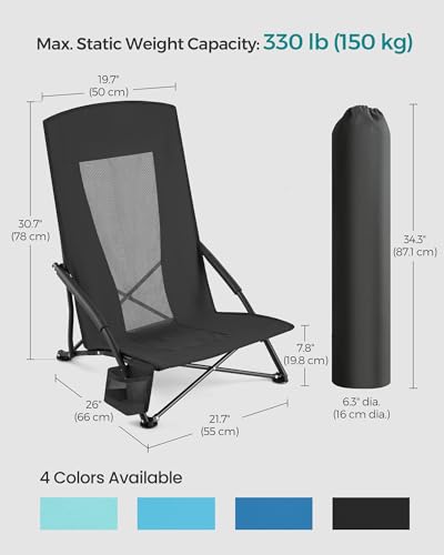 SONGMICS Set of 2 Portable Beach Chairs for Adults, Max. Load 330 lb Each, High Backrest, Cup Holder, Lightweight, Heavy-Duty, Black UGCB067B01V1 - color: Black, style: 2 Pack