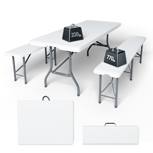6FT Folding Table Set with 2 Folding Benches, Heavy Duty HDPE Materials, Locking Safety Design, 3-Piece Portable Folding Furniture for Camping, Picnic, Party, Indoor & Outdoor, White