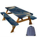 ANNA QUEEN Modern Abstract Art 6FT Picnic Table Cover with Bench Covers Set of 3 with Drawstring Bag, Blue Gold Lines 72"x30" Waterproof Picnic Tablecloth & Bench Covers for Patio Garden - color: #54