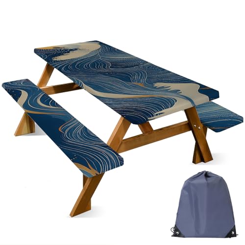 ANNA QUEEN Modern Abstract Art 6FT Picnic Table Cover with Bench Covers Set of 3 with Drawstring Bag, Blue Gold Lines 72"x30" Waterproof Picnic Tablecloth & Bench Covers for Patio Garden - color: #54