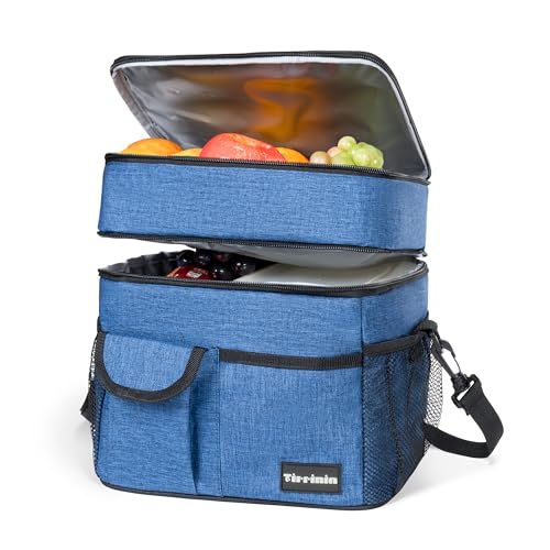 Tirrinia Large Insulated Lunch Box for Women Men, Double-Layer Leak-Proof Reusable Lunch Bag with 4 Pockets for Adult, Lunch Bag Cooler Tote for Office Work and Travel,Dark Blue - color: Dark Blue, size: Large Double Layer-17L