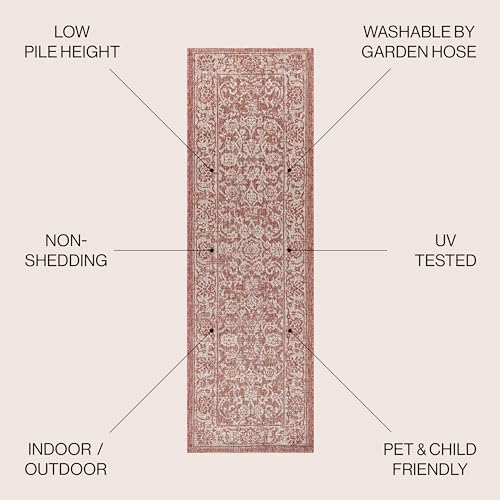 JONATHAN Y Weave Floral Indoor Outdoor Runner Rug 2X8 Red/Taupe, Tela Bohemian Textured for Backyard, Patio, Porch, Easy-Cleaning, High Traffic, Pet-Friendly, Non-Shedding (SMB100A-28) - color: Red/Taupe, size: 2'2" x 8' (Runner)